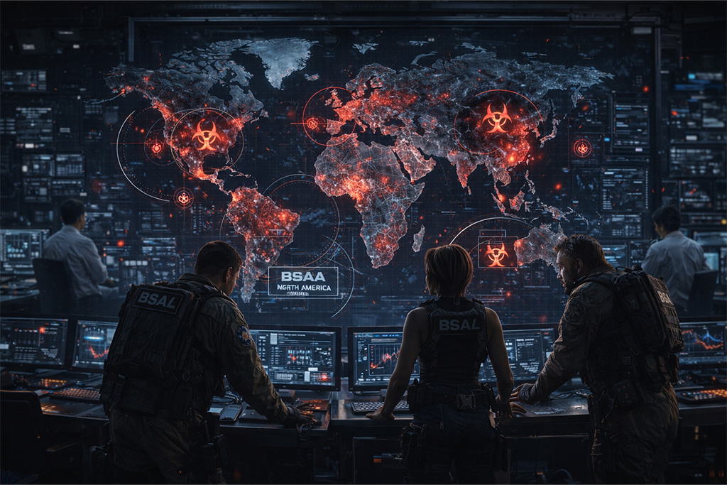 BSAA globalni komandni centar sa holografskom mapom sveta i označenim biohazard žarištima dok operativci i naučnici analiziraju podatke tokom Resident Evil timeline BSAA formiranje perioda. BSAA komandni centar prati biohazard incidente od Arklay Mountains i Raccoon City katastrofe do globalnih žarišta tokom Resident Evil timeline BSAA formiranje.