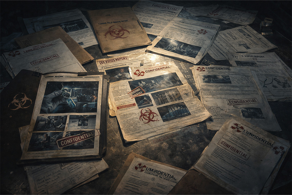 Poverljivi Umbrella Corporation istraživački dokumenti sa T-virus fajlovima i biohazard oznakama na laboratorijskom stolu – ključni dokazi koji su doveli do događaja Resident Evil timeline BSAA formiranje i globalne borbe protiv bioterorizma