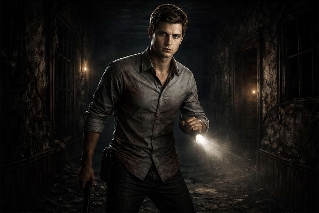 Ethan Winters u mračnoj kući sa baterijskom lampom, horor scena iz Resident Evil timeline univerzuma, Resident Evil timeline atmosfera preživljavanja