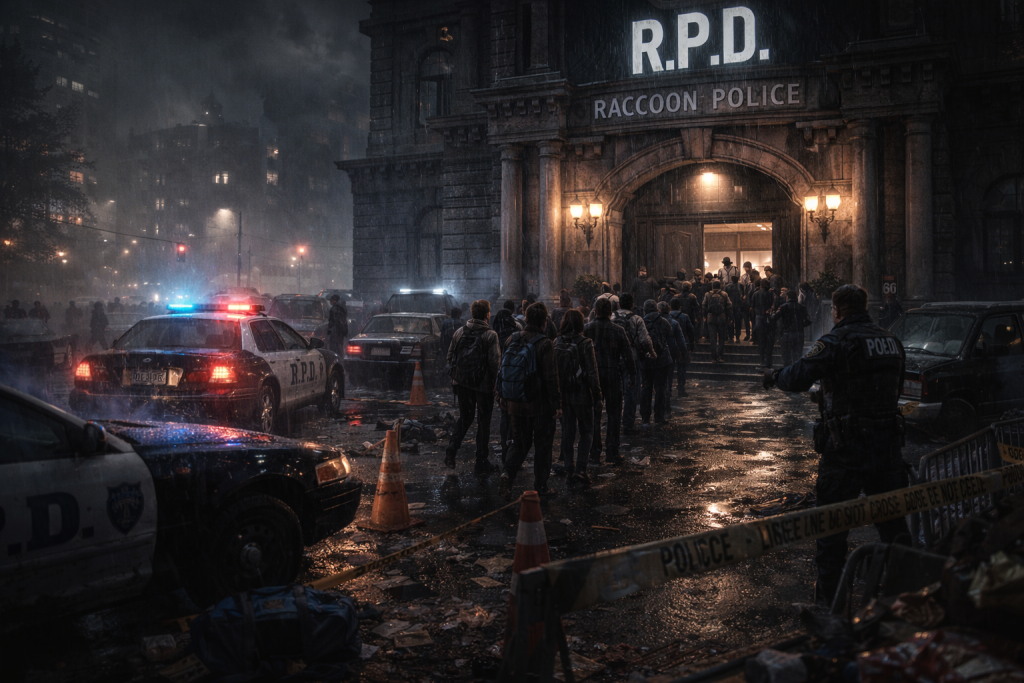 Civili ulaze u Raccoon Police Department dok policija organizuje evakuaciju tokom širenja epidemije u Raccoon City-ju