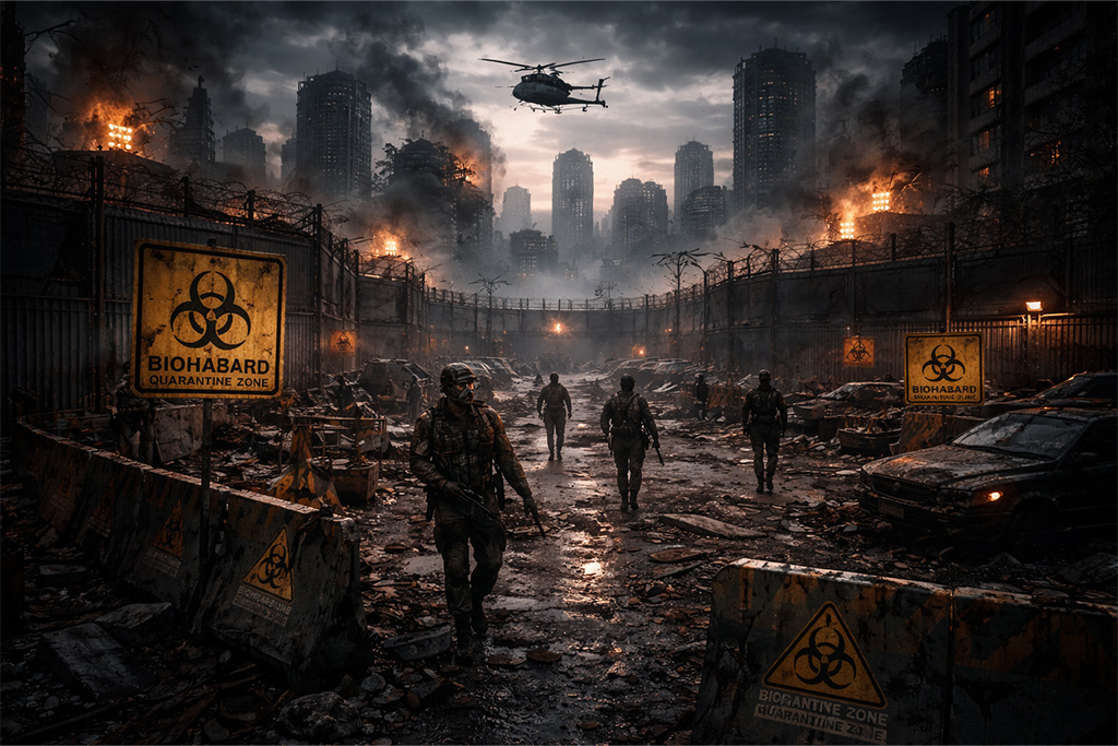 Resident Evil timeline - Globalni incidenti prikaz dystopian grada pod biohazard karantinom, scena koja ilustruje kako su Globalni incidenti promenili Resident Evil svet