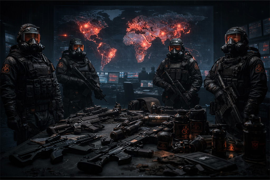 Resident Evil timeline - Globalni incidenti prikaz međunarodne anti biohazard taktičke jedinice koja se priprema za misiju, simbol reakcije međunarodne zajednice na Globalne incidente