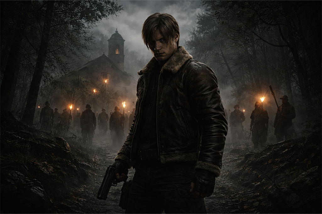Resident Evil timeline - RE4 i Las Plagas - Leon S. Kennedy u maglovitom španskom selu okružen Ganado seljanima tokom događaja iz Resident Evil 4 u okviru Resident Evil timeline priče