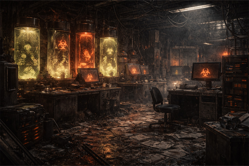 Resident Evil timeline scena napuštene Umbrella laboratorije sa pokvarenim istraživačkim uređajima i virus komorama koje i dalje svetle