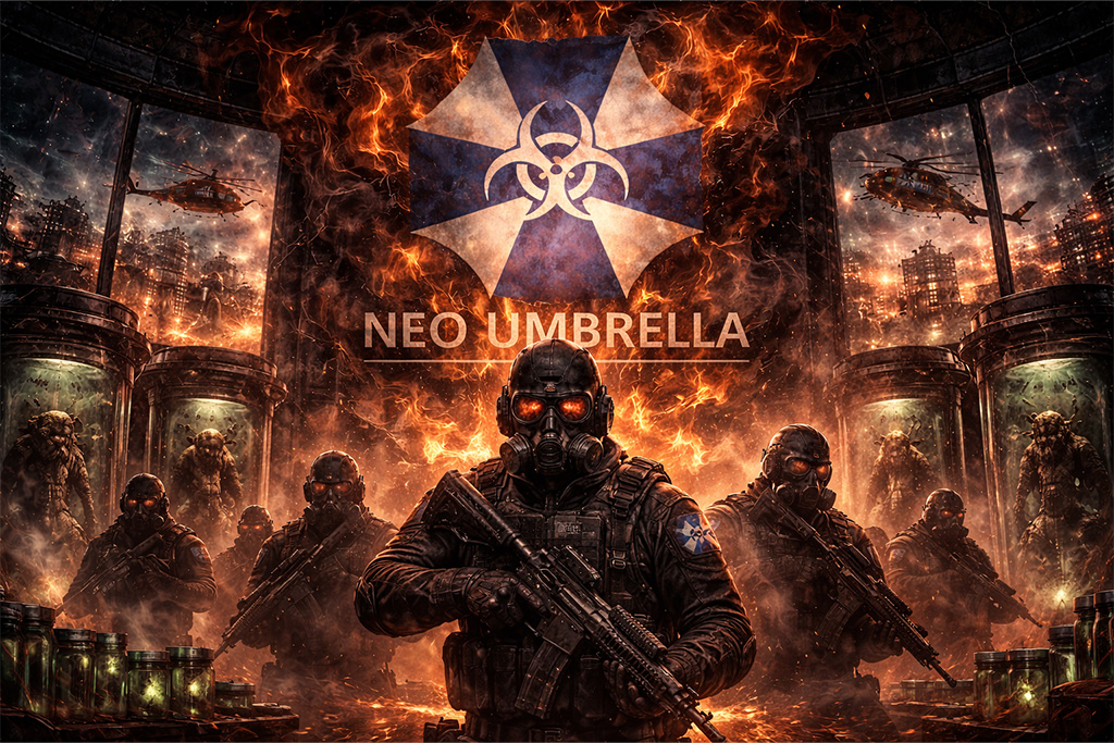 Resident Evil timeline Neo Umbrella organizacija kao simbol prikaz kroz logo, vojnike i bioterorizam u Resident Evil timeline svetu