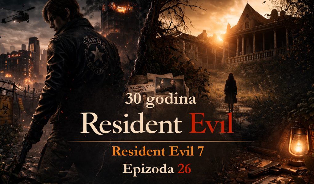 Resident Evil timeline prikazuje resident evil posle umbrele kroz podeljeni svet između uništenog grada i jezive vile iz Resident Evil 7, cinematic scena haosa i prelaza