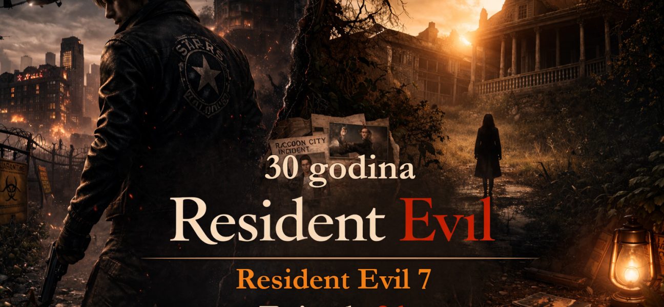 Resident Evil timeline prikazuje resident evil posle umbrele kroz podeljeni svet između uništenog grada i jezive vile iz Resident Evil 7, cinematic scena haosa i prelaza