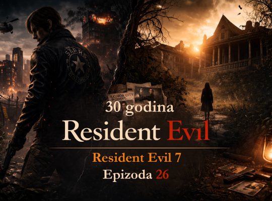 Resident Evil timeline prikazuje resident evil posle umbrele kroz podeljeni svet između uništenog grada i jezive vile iz Resident Evil 7, cinematic scena haosa i prelaza