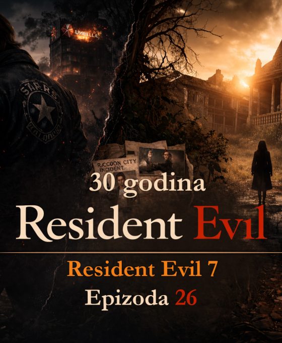 Resident Evil timeline prikazuje resident evil posle umbrele kroz podeljeni svet između uništenog grada i jezive vile iz Resident Evil 7, cinematic scena haosa i prelaza