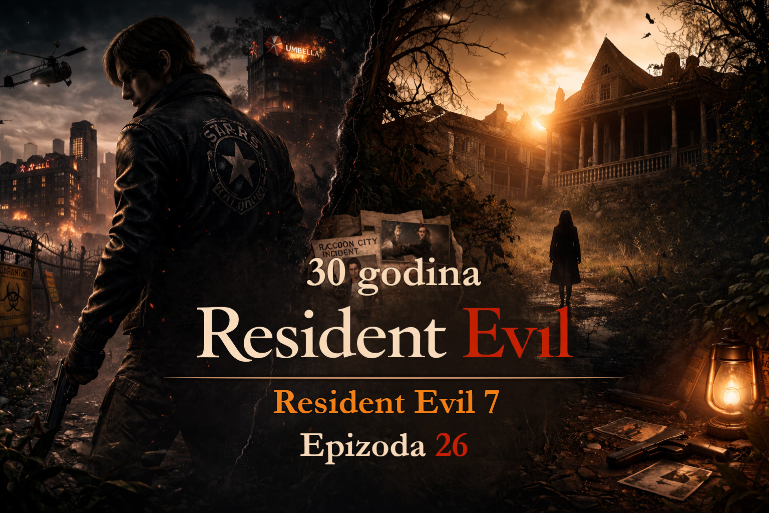 Resident Evil timeline prikazuje resident evil posle umbrele kroz podeljeni svet između uništenog grada i jezive vile iz Resident Evil 7, cinematic scena haosa i prelaza