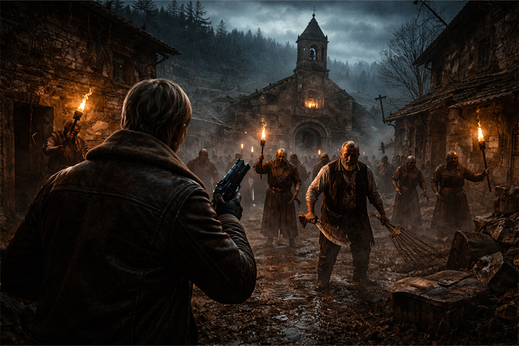 Resident Evil timeline RE4 i Las Plagas - izolovano selo u severnoj Španiji sa starom crkvom dok se Ganadosi okupljaju na trgu tokom početka incidenta
