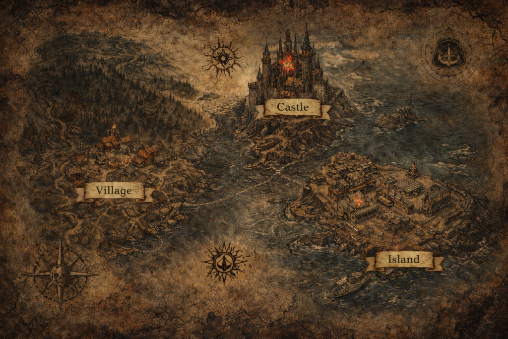Resident Evil timeline RE4 i Las Plagas mapa koja prikazuje tri ključne lokacije iz Resident Evil 4 - selo, Salazarov zamak i vojnu ostrvsku bazu
