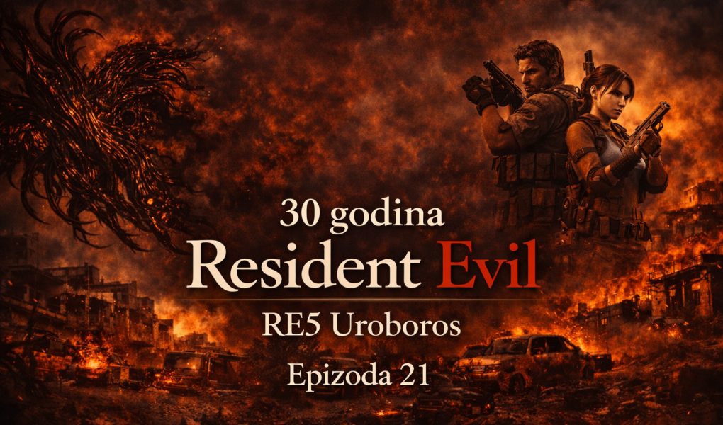 Resident Evil timeline RE5 Uroboros prikazuje svet posle Umbrella korporacije, apokaliptični grad u plamenu i globalni biohazard incident, Resident Evil timeline RE5 Uroboros atmosfera haosa i uništenja