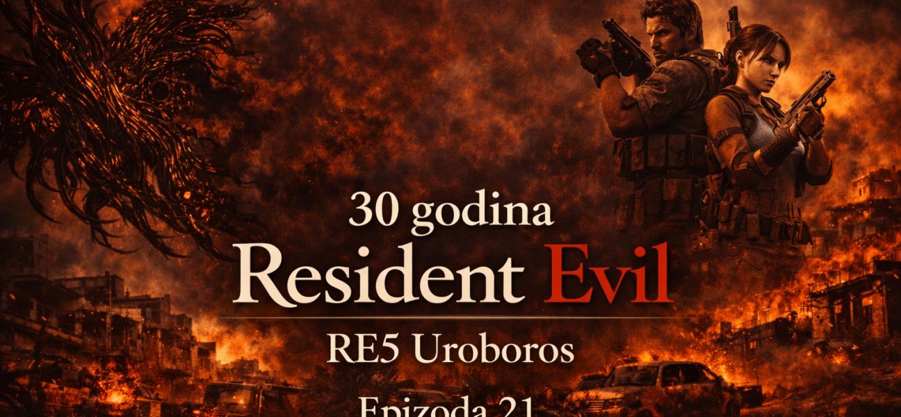 Resident Evil timeline RE5 Uroboros prikazuje svet posle Umbrella korporacije, apokaliptični grad u plamenu i globalni biohazard incident, Resident Evil timeline RE5 Uroboros atmosfera haosa i uništenja