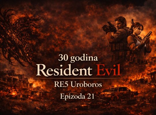 Resident Evil timeline RE5 Uroboros prikazuje svet posle Umbrella korporacije, apokaliptični grad u plamenu i globalni biohazard incident, Resident Evil timeline RE5 Uroboros atmosfera haosa i uništenja