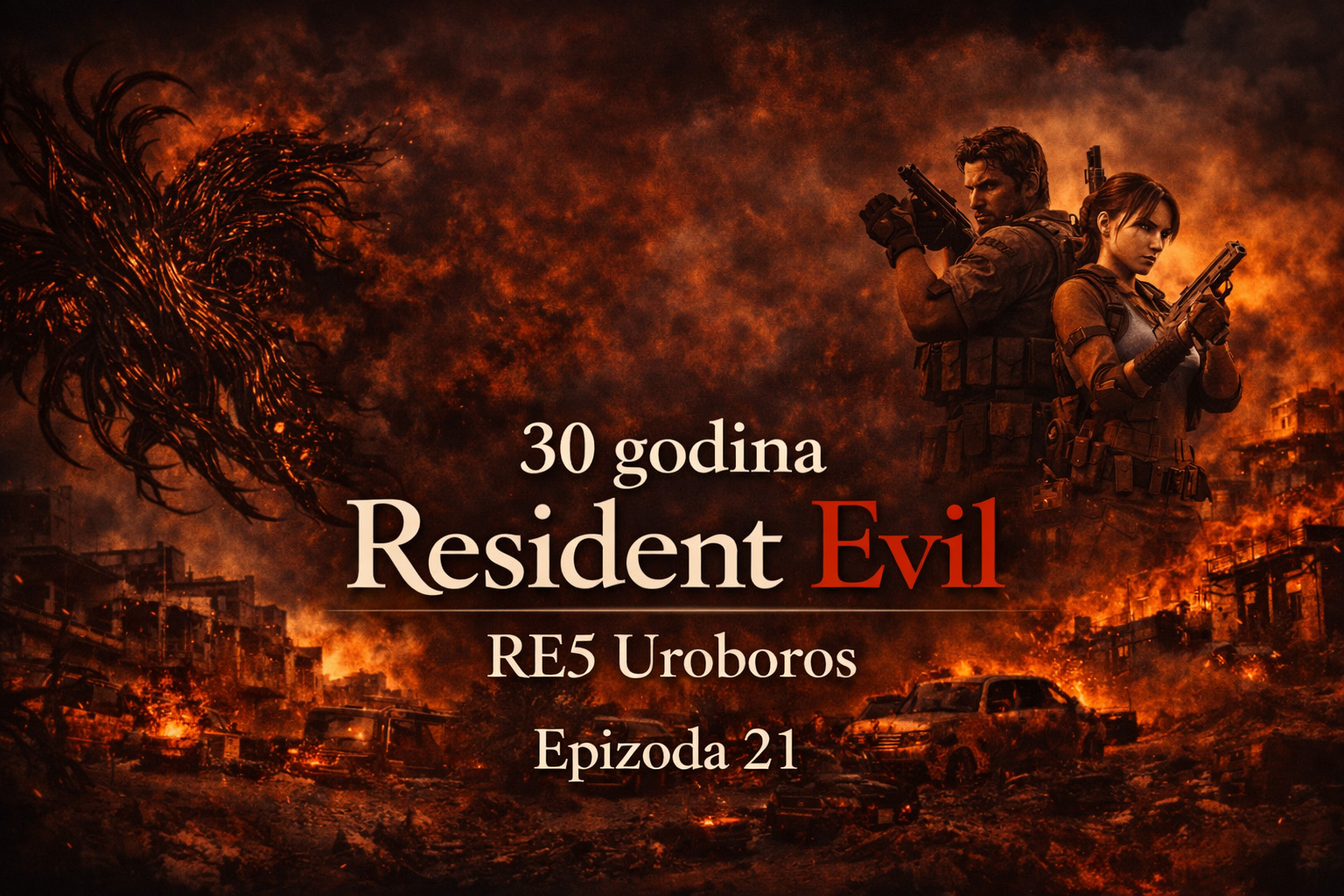 Resident Evil timeline RE5 Uroboros prikazuje svet posle Umbrella korporacije, apokaliptični grad u plamenu i globalni biohazard incident, Resident Evil timeline RE5 Uroboros atmosfera haosa i uništenja