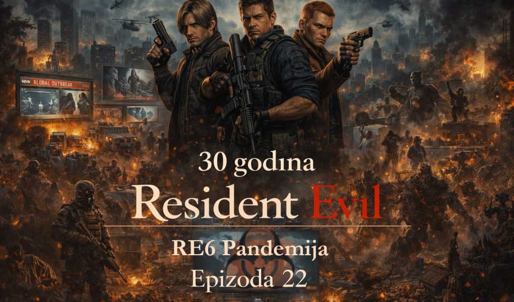 Resident Evil timeline RE6 pandemija prikazuje globalnu transformaciju sveta kroz haos C-virus epidemije, Leon, Chris i Jake u borbi za opstanak u uništenom gradu, Resident Evil timeline RE6 pandemija scena potpune katastrofe