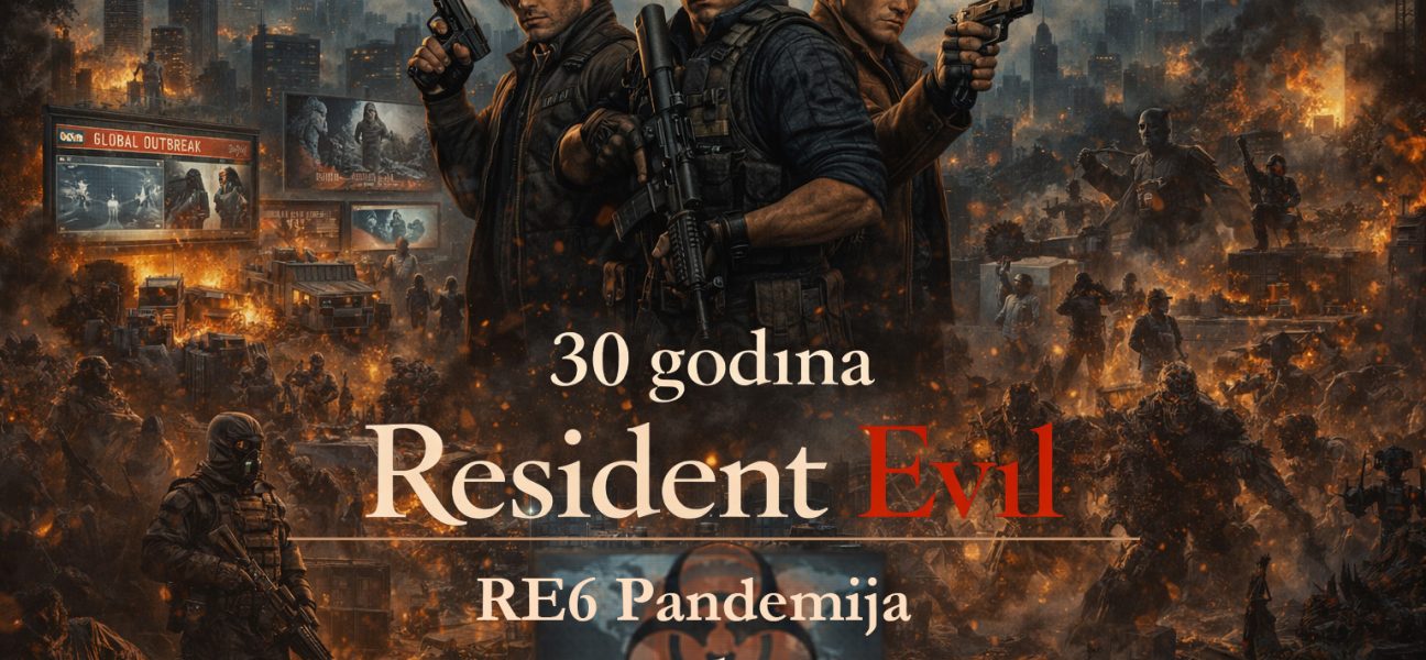 Resident Evil timeline RE6 pandemija prikazuje globalnu transformaciju sveta kroz haos C-virus epidemije, Leon, Chris i Jake u borbi za opstanak u uništenom gradu, Resident Evil timeline RE6 pandemija scena potpune katastrofe