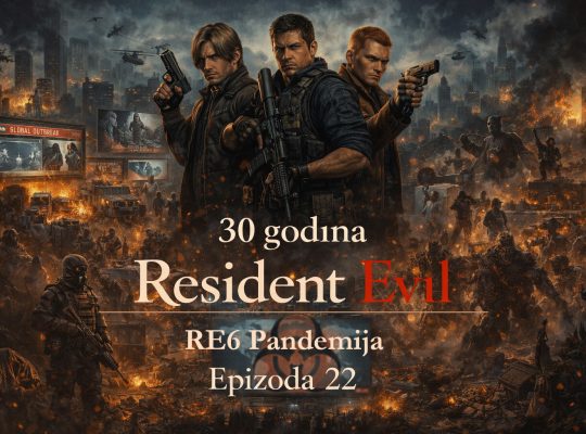 Resident Evil timeline RE6 pandemija prikazuje globalnu transformaciju sveta kroz haos C-virus epidemije, Leon, Chris i Jake u borbi za opstanak u uništenom gradu, Resident Evil timeline RE6 pandemija scena potpune katastrofe