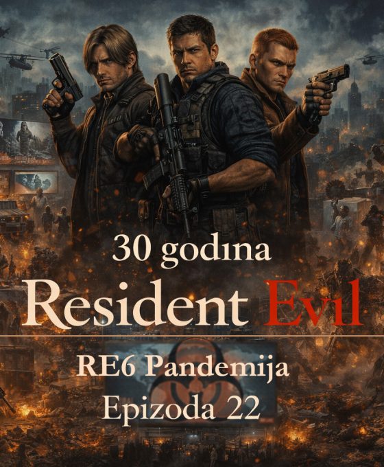Resident Evil timeline RE6 pandemija prikazuje globalnu transformaciju sveta kroz haos C-virus epidemije, Leon, Chris i Jake u borbi za opstanak u uništenom gradu, Resident Evil timeline RE6 pandemija scena potpune katastrofe
