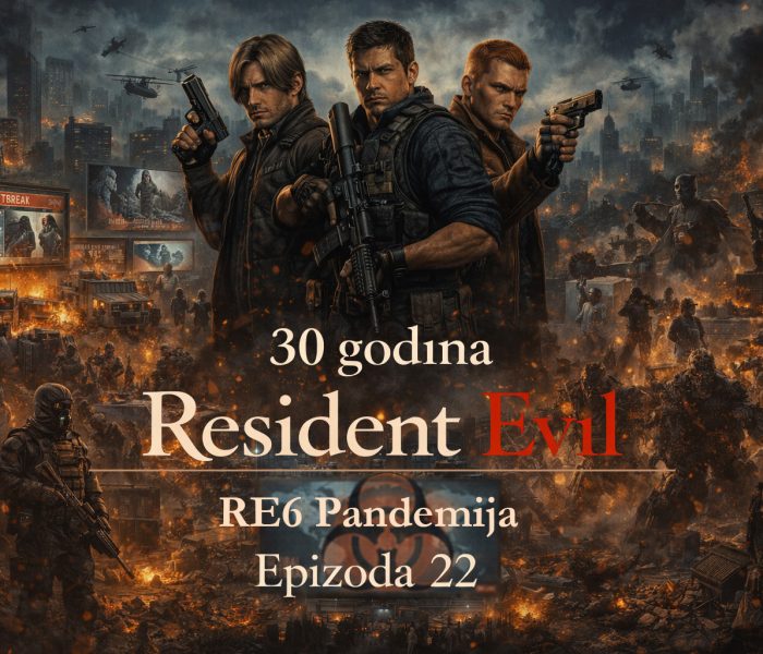 Resident Evil timeline RE6 pandemija prikazuje globalnu transformaciju sveta kroz haos C-virus epidemije, Leon, Chris i Jake u borbi za opstanak u uništenom gradu, Resident Evil timeline RE6 pandemija scena potpune katastrofe