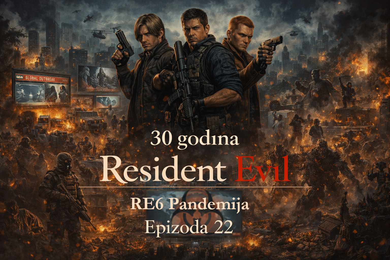 Resident Evil timeline RE6 pandemija prikazuje globalnu transformaciju sveta kroz haos C-virus epidemije, Leon, Chris i Jake u borbi za opstanak u uništenom gradu, Resident Evil timeline RE6 pandemija scena potpune katastrofe