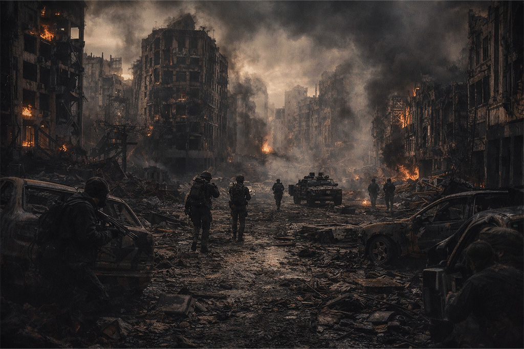 Resident Evil timeline RE6 pandemija prikazuje posledice globalnog kolapsa kroz uništen grad, napuštenu infrastrukturu i preživele u borbi za opstanak, Resident Evil timeline RE6 pandemija postapokaliptični svet