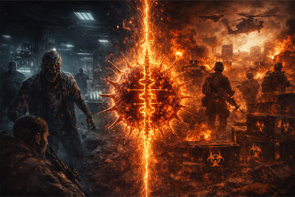 Resident Evil timeline RE6 pandemija prikazuje prelaz iz horor ere u globalni bioterorizam kroz podeljenu scenu laboratorije i rata, Resident Evil timeline RE6 pandemija prelomni trenutak serijala