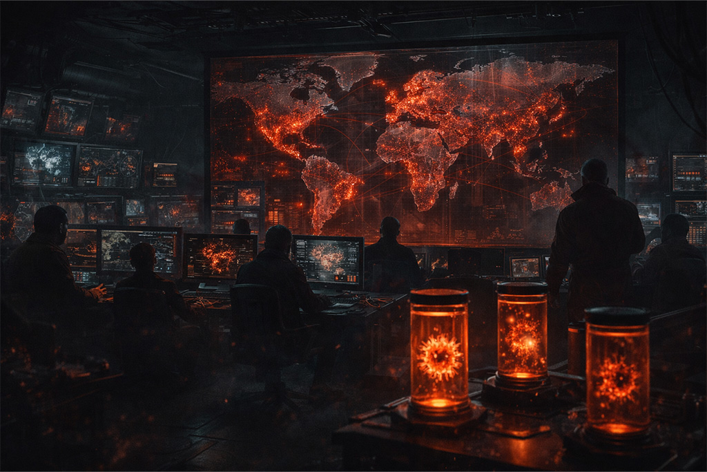 Resident Evil timeline RE6 pandemija prikazuje tajnu kontrolnu sobu sa globalnim širenjem infekcije i razvojem bioterorizma, Resident Evil timeline RE6 pandemija mreža manipulacije virusom