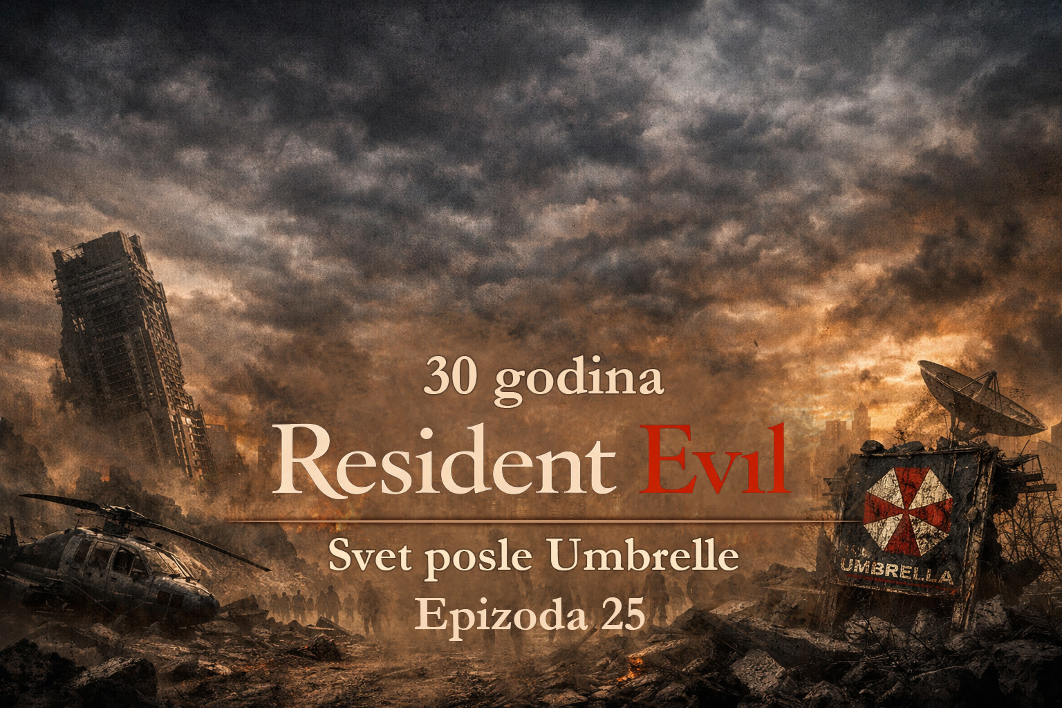 Resident Evil timeline prikazuje svet posle Umbrelle kroz apokaliptični grad, uništenu infrastrukturu i zombije koji lutaju ruševinama, simbolizujući posledice bioterorizma u timeline Resident evil posle umbrelle