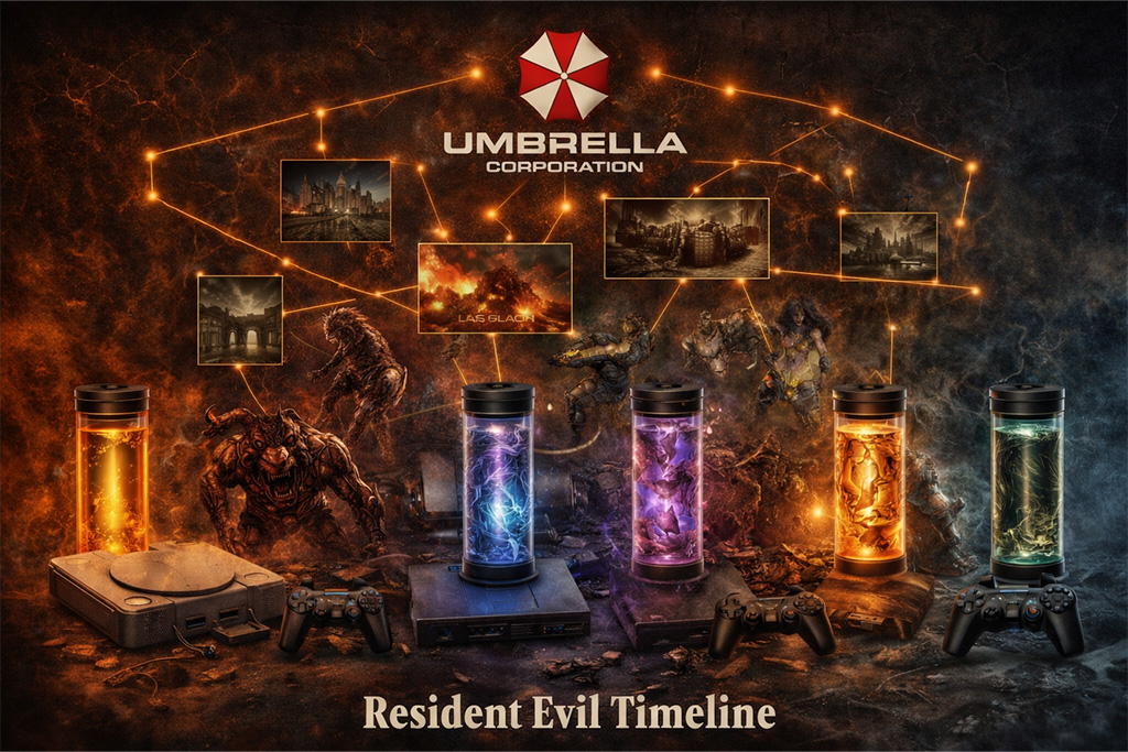 Resident evil timeline i povezanost priča kroz Umbrella Corporation i viruse T virus G virus prikaz evolucije infekcije i događaja