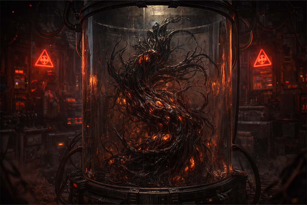 Resident Evil timeline scena gde se Uroboros virus nalazi u laboratorijskoj komori dok crni organski pipci mutacije plutaju u staklenom rezervoaru