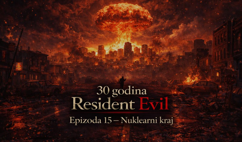 Tri zombija sede za stolom oko pisaće mašine sa porukom „Next episode loading“, teaser scena Resident evil timeline Uskoro u okviru Resident Evil timeline univerzuma.