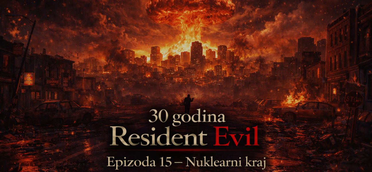 Tri zombija sede za stolom oko pisaće mašine sa porukom „Next episode loading“, teaser scena Resident evil timeline Uskoro u okviru Resident Evil timeline univerzuma.