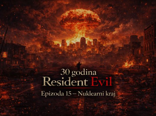 Tri zombija sede za stolom oko pisaće mašine sa porukom „Next episode loading“, teaser scena Resident evil timeline Uskoro u okviru Resident Evil timeline univerzuma.