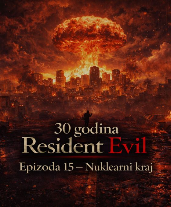 Tri zombija sede za stolom oko pisaće mašine sa porukom „Next episode loading“, teaser scena Resident evil timeline Uskoro u okviru Resident Evil timeline univerzuma.
