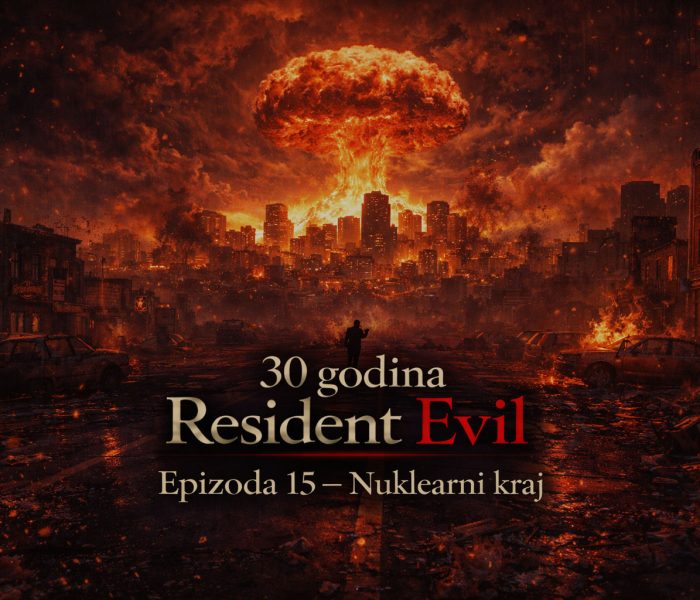 Tri zombija sede za stolom oko pisaće mašine sa porukom „Next episode loading“, teaser scena Resident evil timeline Uskoro u okviru Resident Evil timeline univerzuma.