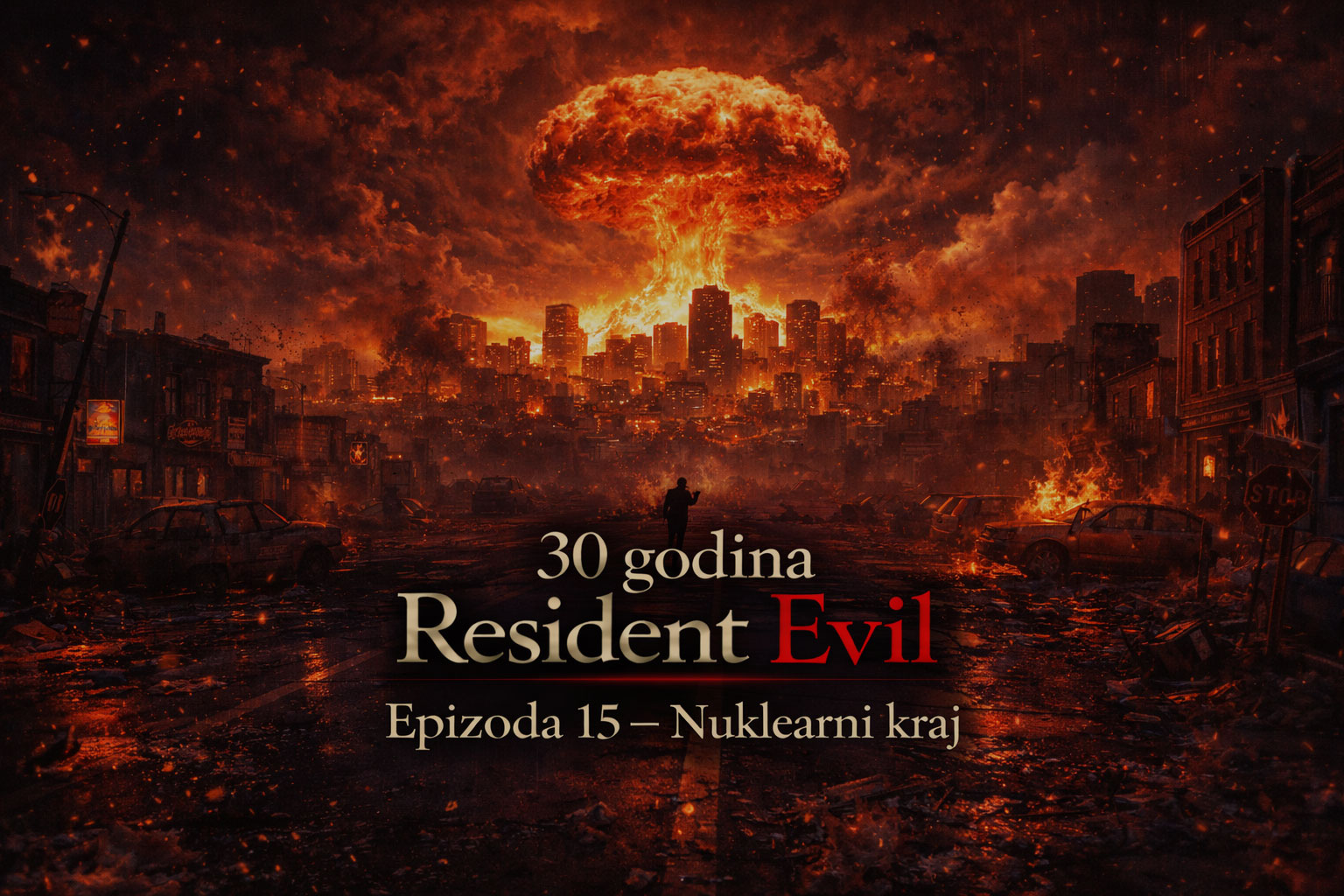 Tri zombija sede za stolom oko pisaće mašine sa porukom „Next episode loading“, teaser scena Resident evil timeline Uskoro u okviru Resident Evil timeline univerzuma.
