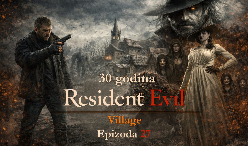 Resident Evil timeline Village RE8 scena sa Ethan Winters i Lady Dimitrescu u mračnom selu, Resident Evil timeline Village RE8 prikaz horor atmosfere