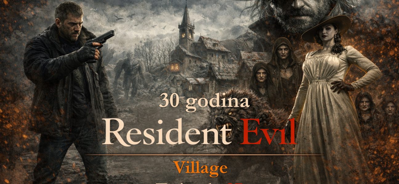 Resident Evil timeline Village RE8 scena sa Ethan Winters i Lady Dimitrescu u mračnom selu, Resident Evil timeline Village RE8 prikaz horor atmosfere