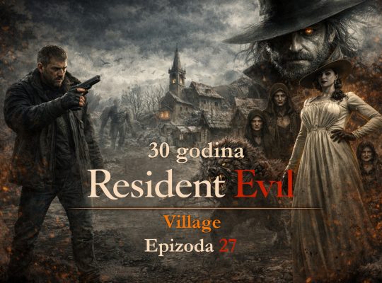 Resident Evil timeline Village RE8 scena sa Ethan Winters i Lady Dimitrescu u mračnom selu, Resident Evil timeline Village RE8 prikaz horor atmosfere