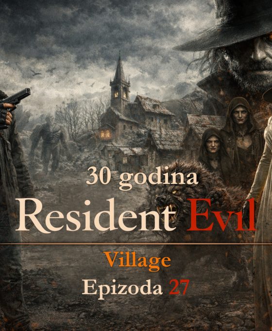 Resident Evil timeline Village RE8 scena sa Ethan Winters i Lady Dimitrescu u mračnom selu, Resident Evil timeline Village RE8 prikaz horor atmosfere