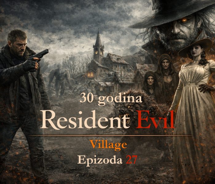 Resident Evil timeline Village RE8 scena sa Ethan Winters i Lady Dimitrescu u mračnom selu, Resident Evil timeline Village RE8 prikaz horor atmosfere