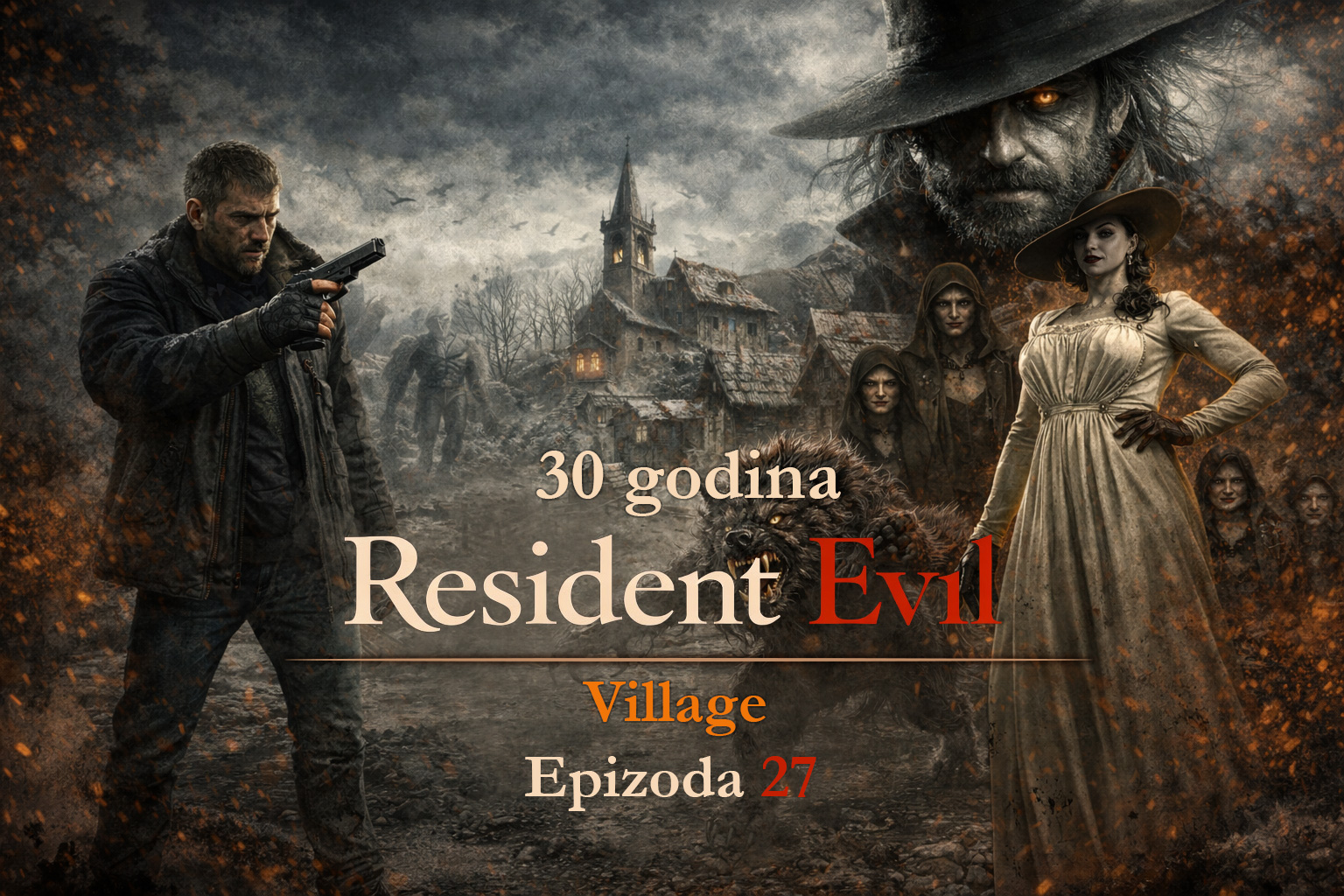 Resident Evil timeline Village RE8 scena sa Ethan Winters i Lady Dimitrescu u mračnom selu, Resident Evil timeline Village RE8 prikaz horor atmosfere