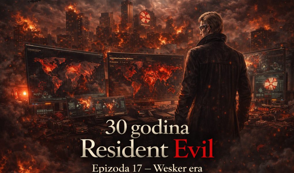 Resident Evil timeline scena u kojoj Albert Wesker posmatra globalno širenje bioterorizma tokom Wesker ere dok se svet nalazi u haosu