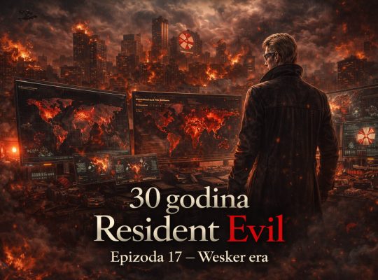 Resident Evil timeline scena u kojoj Albert Wesker posmatra globalno širenje bioterorizma tokom Wesker ere dok se svet nalazi u haosu