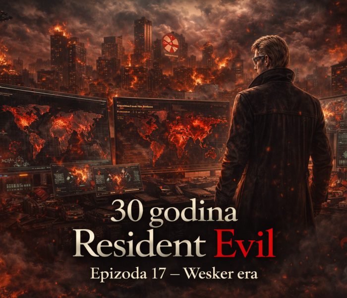 Resident Evil timeline scena u kojoj Albert Wesker posmatra globalno širenje bioterorizma tokom Wesker ere dok se svet nalazi u haosu