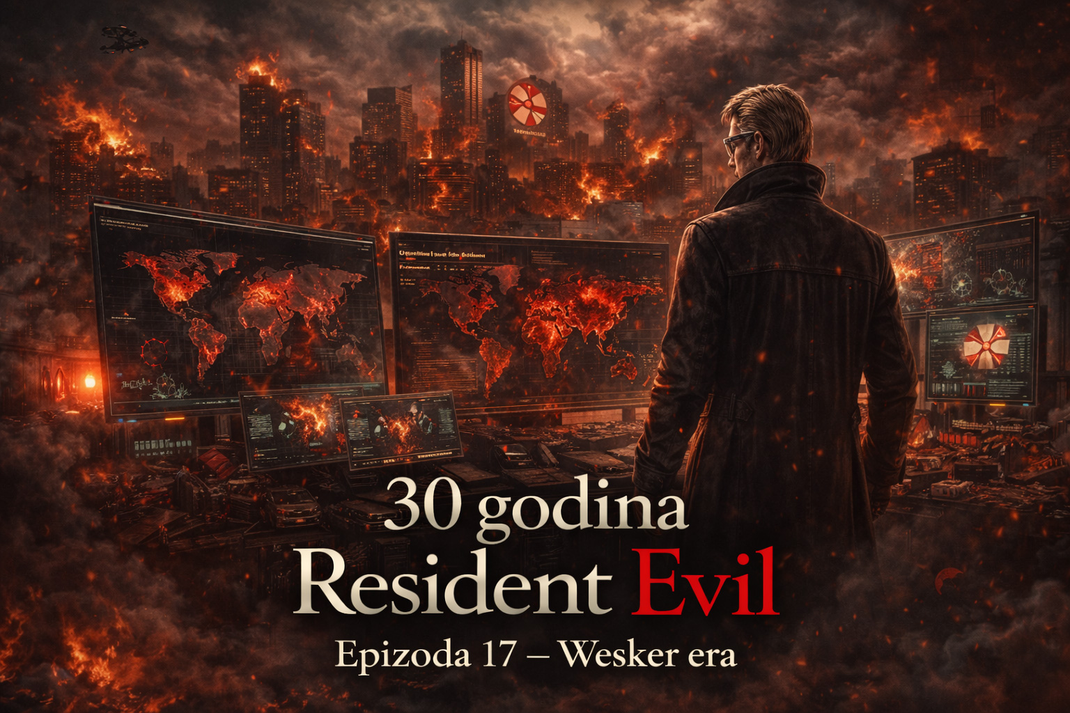 Resident Evil timeline scena u kojoj Albert Wesker posmatra globalno širenje bioterorizma tokom Wesker ere dok se svet nalazi u haosu
