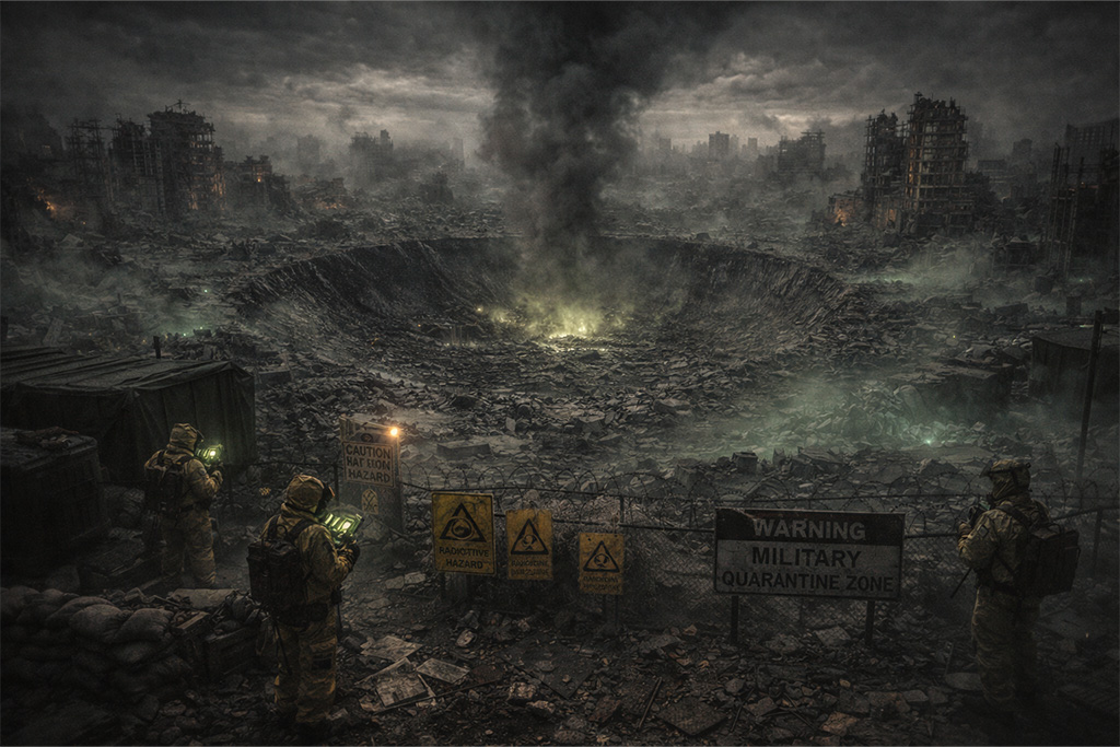 Ruševine Raccoon Cityja sa ogromnim kraterom i vojnim karantinom nakon uništenja grada koji je pokušao da sakrije katastrofu iz NEST laboratorije u okviru Resident Evil timeline.