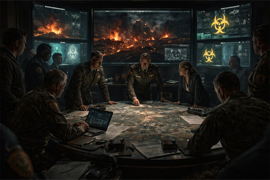Tajna vladina ratna soba gde vojni oficiri analiziraju izbijanje epidemije u Raccoon Cityju i tajne NEST laboratorije u okviru Resident Evil timeline događaja.